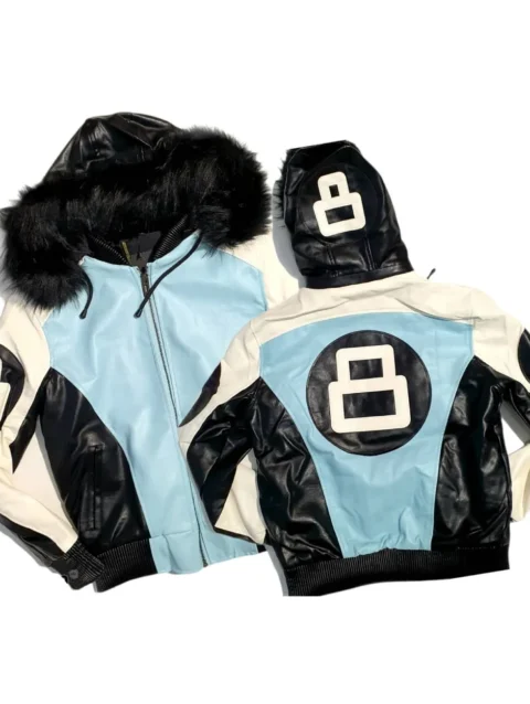 8 Ball Black and Sky Blue Leather Jacket