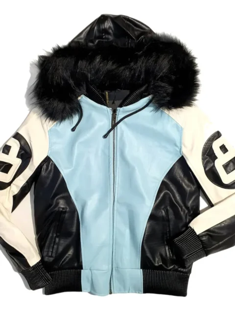 8 Ball Black and Sky Blue Leather Jacket