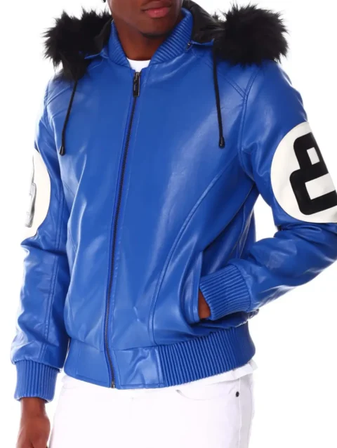 8 Ball Blue Hooded Leather Jacket