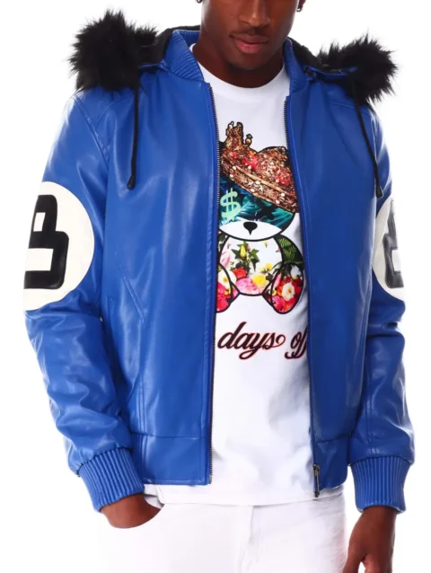 8 Ball Blue Hooded Leather Jacket