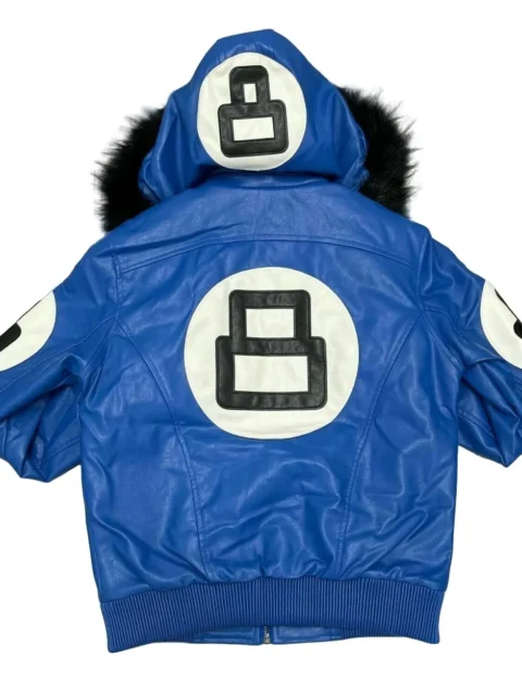 8 Ball Blue Leather Hooded Jacket