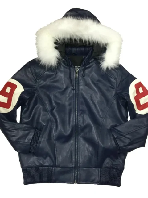 8 Ball Navy Leather Hooded Jacket