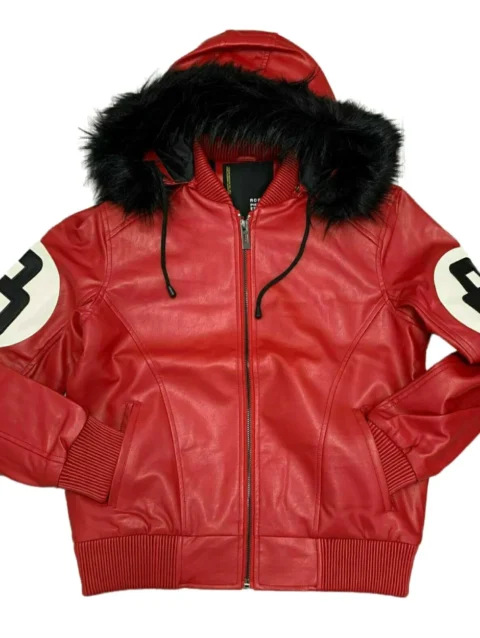 8 Ball Red Leather Hooded Jacket
