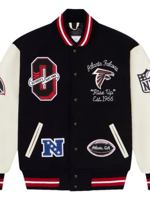 Atlanta Falcons X OVO Wool & Leather Black White Varsity Jacket