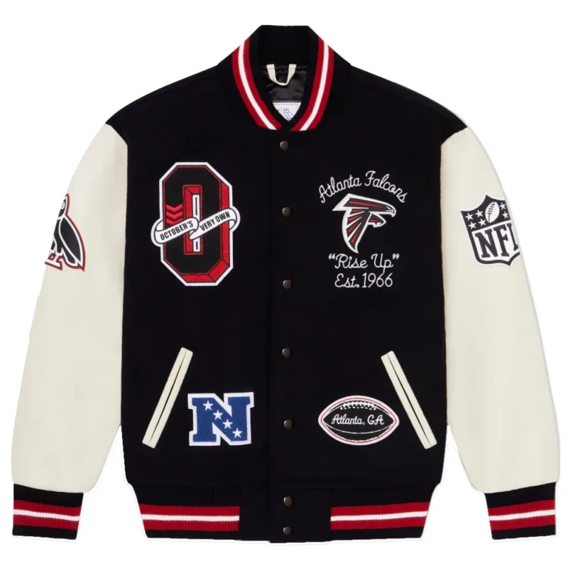Atlanta Falcons X OVO Wool & Leather Black White Varsity Jacket