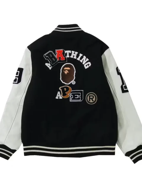 BAPE Black & White Crazy Patch Varsity Jacket