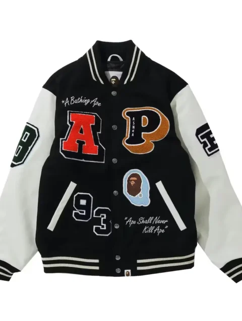 BAPE Black & White Crazy Patch Varsity Jacket