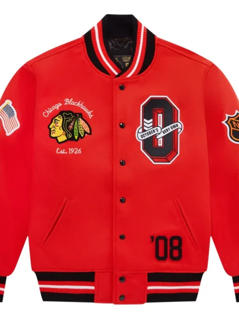 Chicago Blackhawks OVO x NHL Red Full-Snap Wool Varsity Jacket