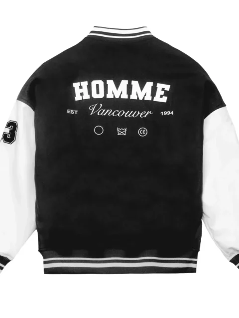 Homme Vancouver Logo Black & White Wool & Leather Varsity Jacket