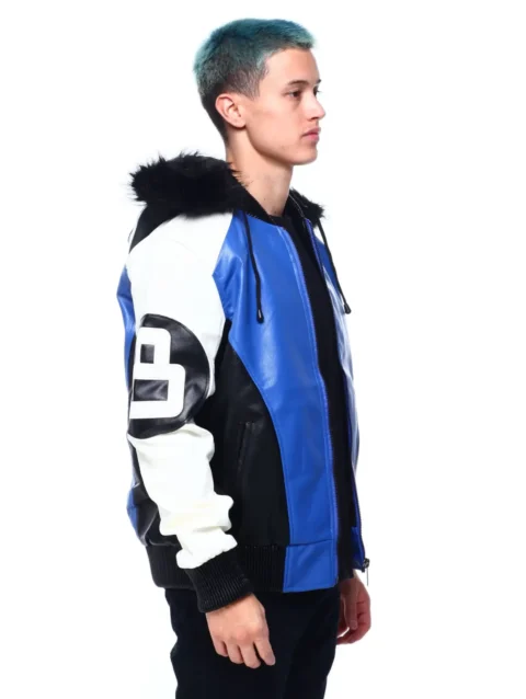 Mens 8 Ball Blue Hooded Leather Jacket