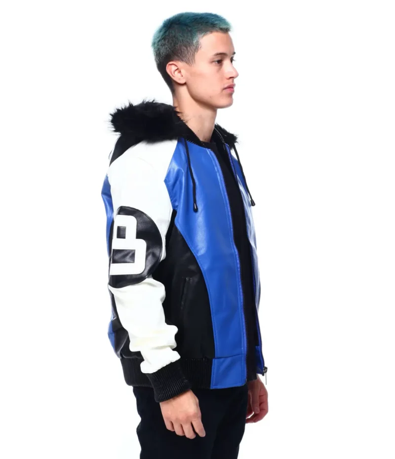 Mens 8 Ball Blue Hooded Leather Jacket