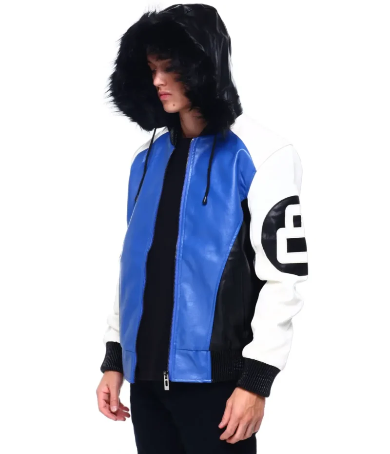Mens 8 Ball Blue Hooded Leather Jacket