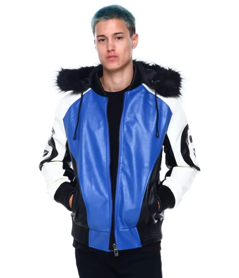 Mens 8 Ball Blue Hooded Leather Jacket