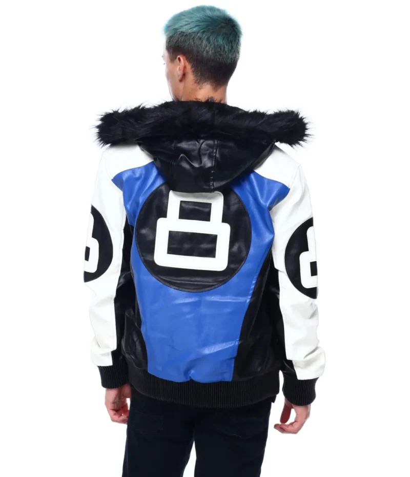 Mens 8 Ball Blue Hooded Leather Jacket