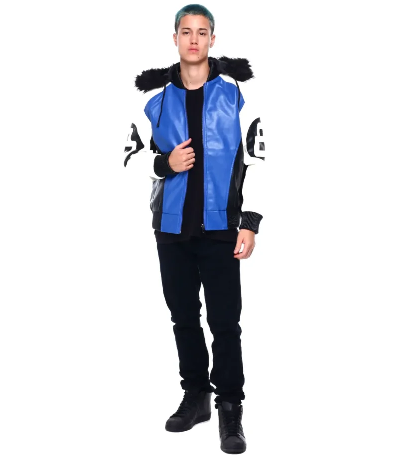 Mens 8 Ball Blue Hooded Leather Jacket