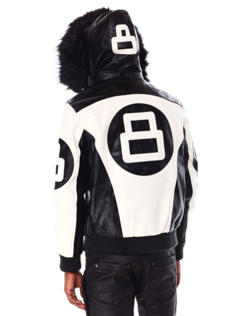 Men’s 8 Ball Leather Hooded Bomber Jacket White & Black