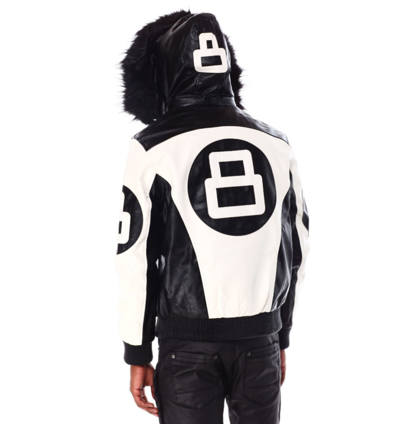 Men’s 8 Ball Leather Hooded Bomber Jacket White & Black