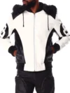 Men’s 8 Ball Leather Hooded Bomber Jacket White & Black