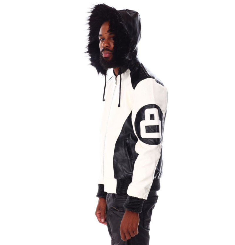 Men’s 8 Ball Leather Hooded Bomber Jacket White & Black