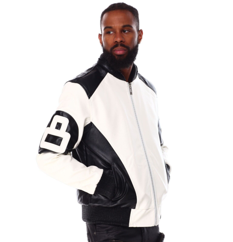 Men’s 8 Ball Leather Hooded Bomber Jacket White & Black