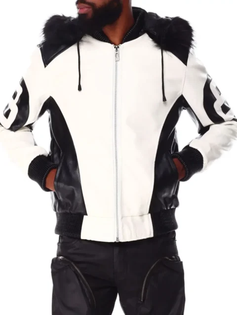 Men’s 8 Ball Leather Hooded Bomber Jacket White & Black
