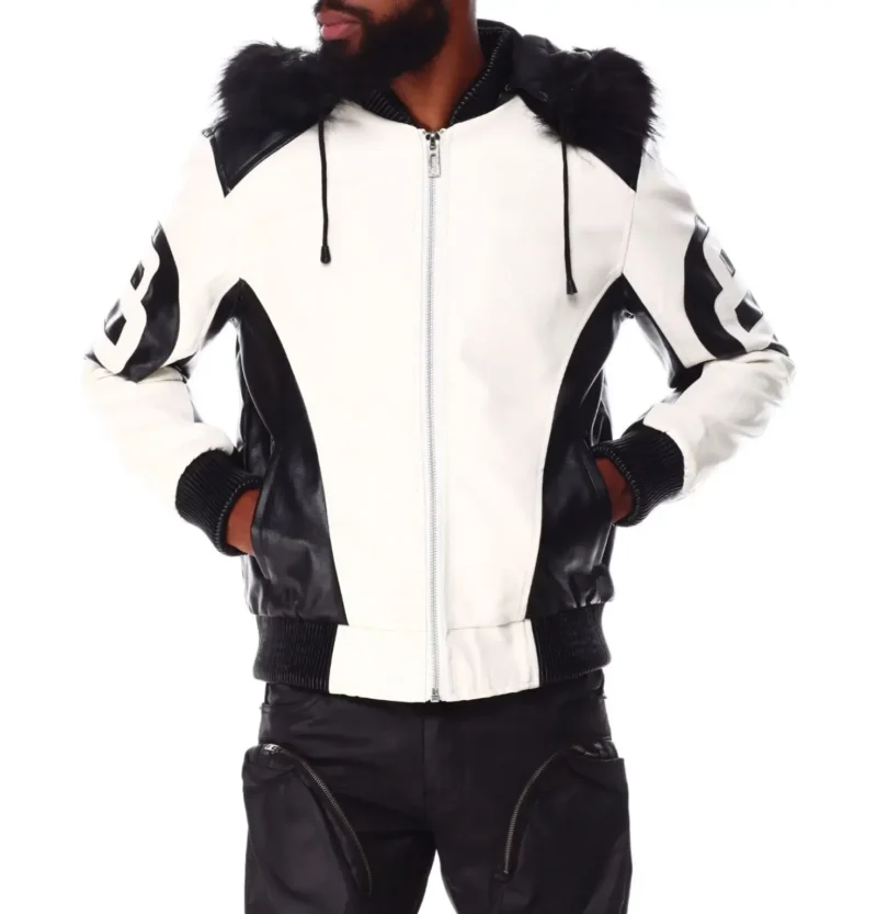 Men’s 8 Ball Leather Hooded Bomber Jacket White & Black