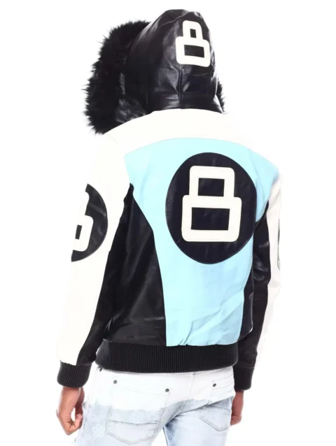 Mens 8 Ball Light-Blue Bomber Leather Jacket