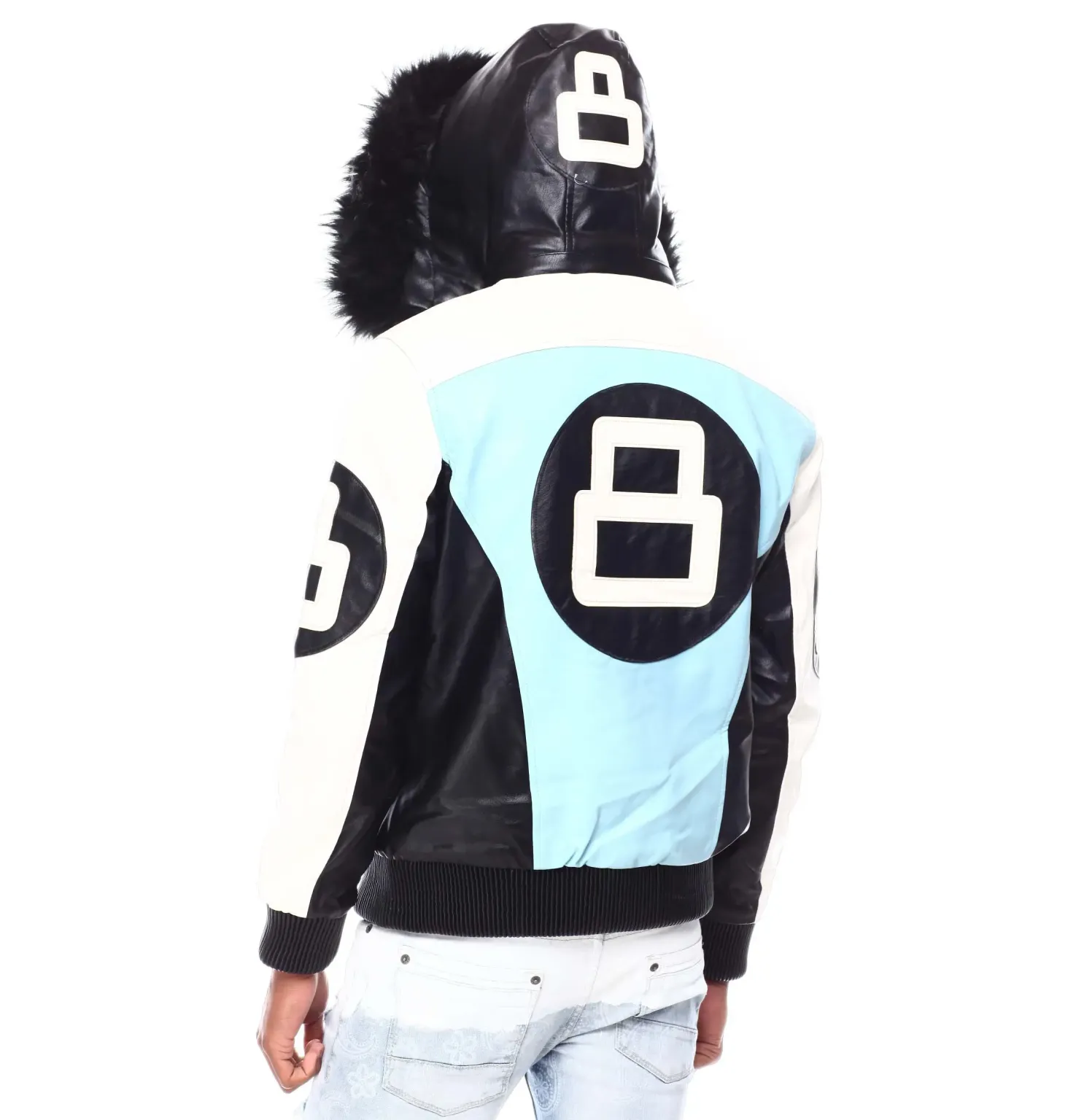 Mens 8 Ball Light-Blue Bomber Leather Jacket