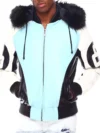 Mens 8 Ball Light-Blue Bomber Leather Jacket