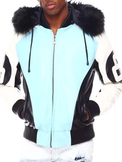 Mens 8 Ball Light-Blue Bomber Leather Jacket