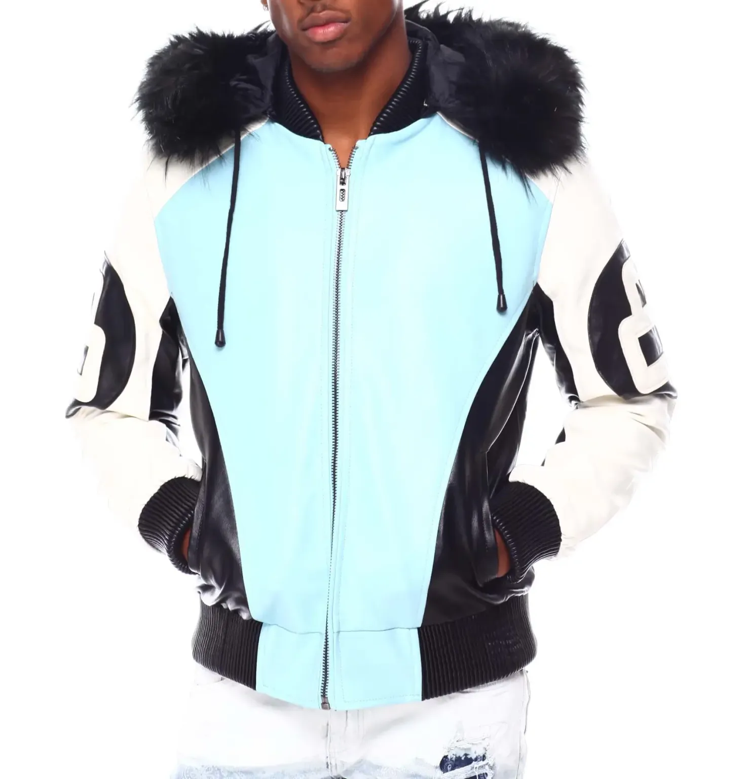 Mens 8 Ball Light-Blue Bomber Leather Jacket