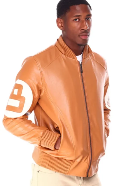Mens 8 Ball Light-Brown Bomber Leather Jacket