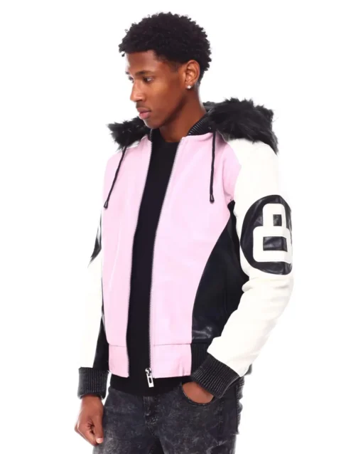 Mens 8 Ball Pink Hooded Leather Jacket