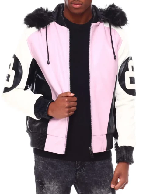 Mens 8 Ball Pink Hooded Leather Jacket