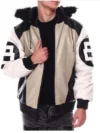 Mens 8 Ball Sand Bomber Leather Jacket Faux Fur Hood
