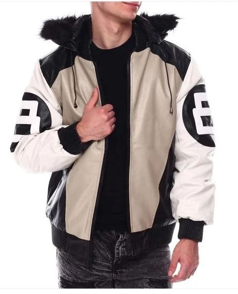 Mens 8 Ball Sand Bomber Leather Jacket Faux Fur Hood