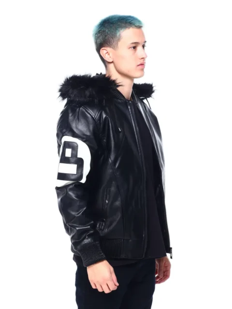 Mens Black 8 Ball Real Leather Hooded Jacket
