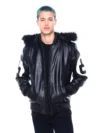 Mens Black 8 Ball Real Leather Hooded Jacket