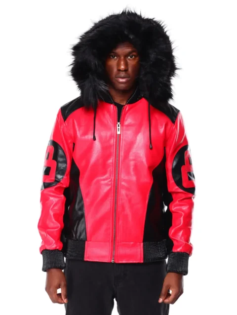Mens Black Red 8 Ball Hooded Leather Jacket