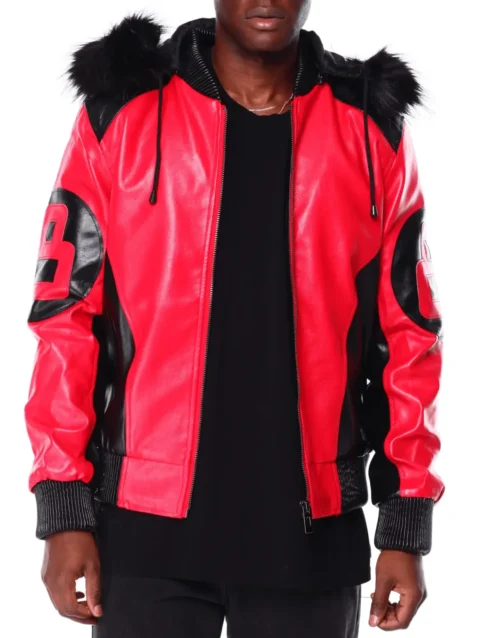 Mens Black Red 8 Ball Hooded Leather Jacket