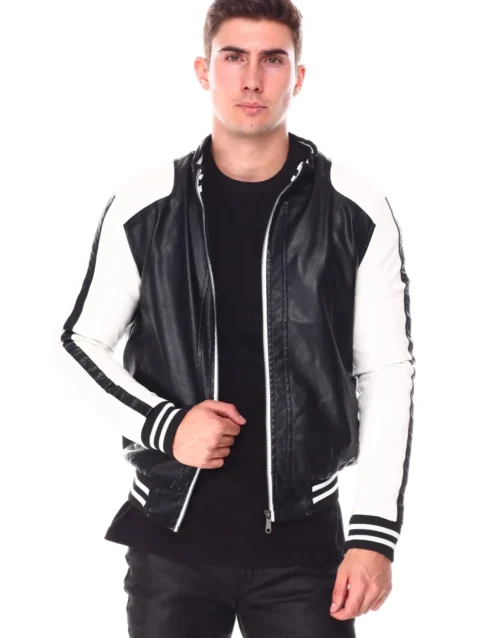 Mens Moto Colrblock Bomber Leather Jacket