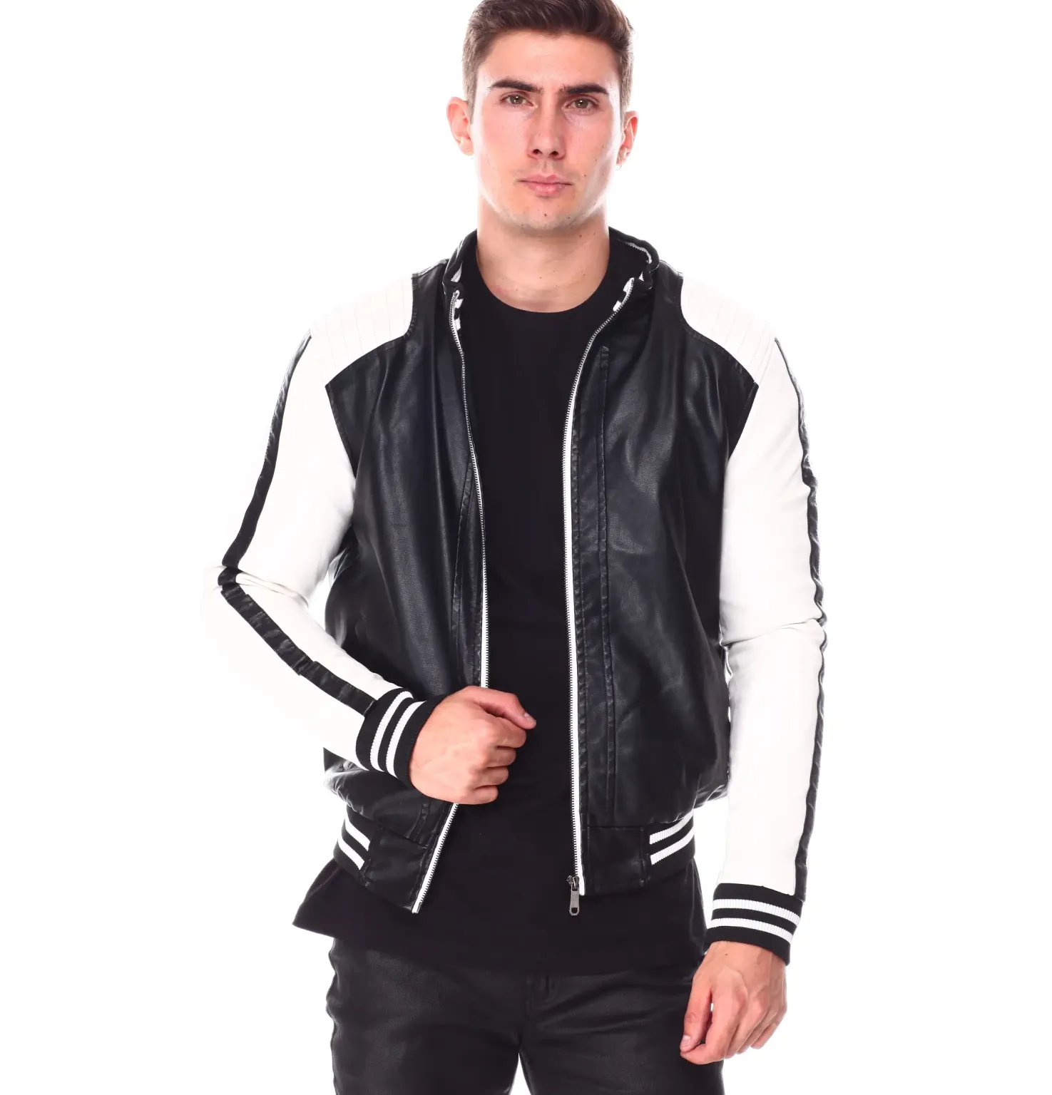 Mens Moto Colrblock Bomber Leather Jacket