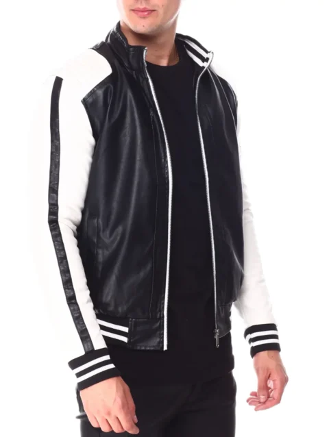 Mens Moto Colrblock Bomber Leather Jacket