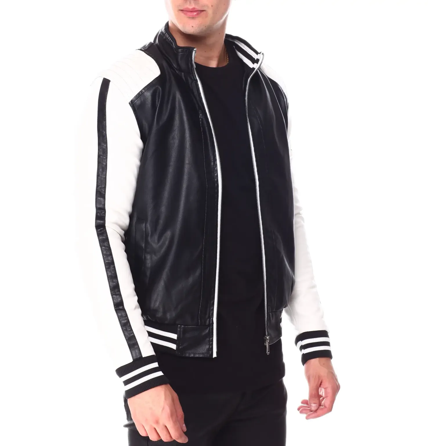 Mens Moto Colrblock Bomber Leather Jacket
