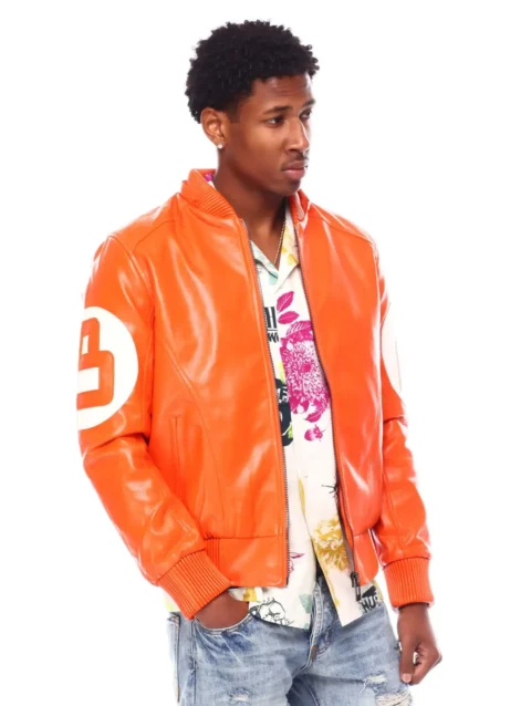 Mens Orange 8 Ball Hooded Leather Jacket