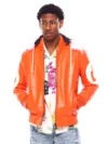 Mens Orange 8 Ball Hooded Leather Jacket