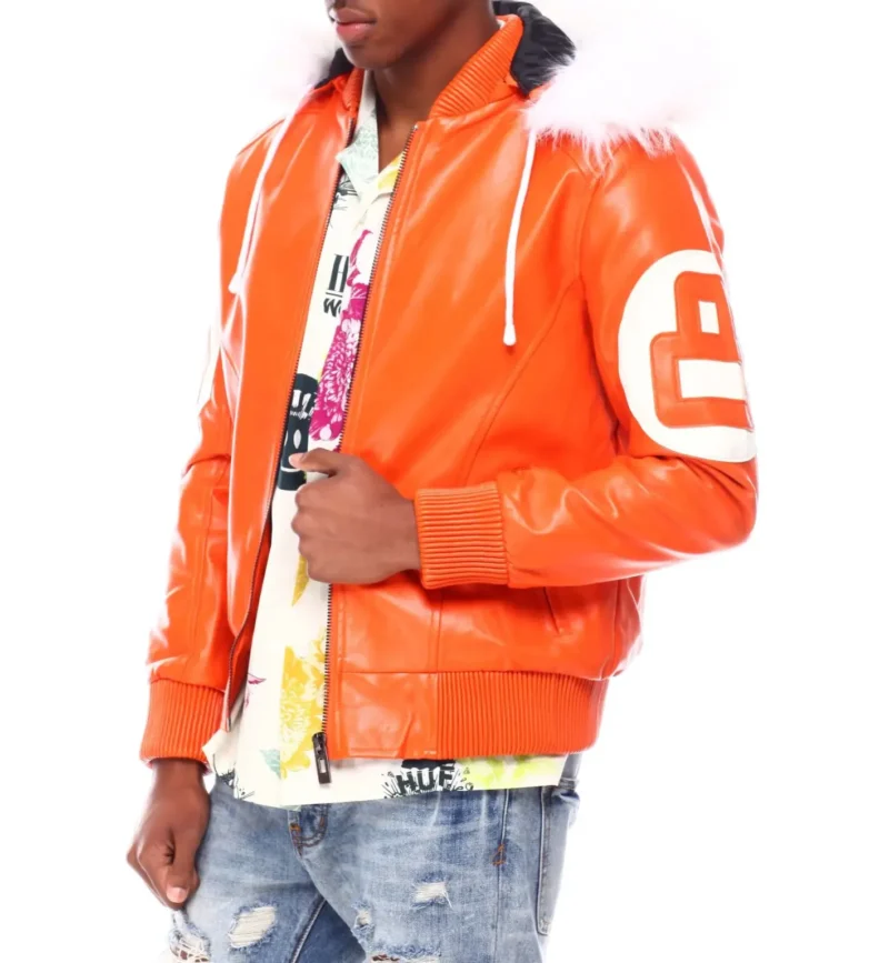 Mens 8 Ball Hooded Leather Jacket Orange - Image 3
