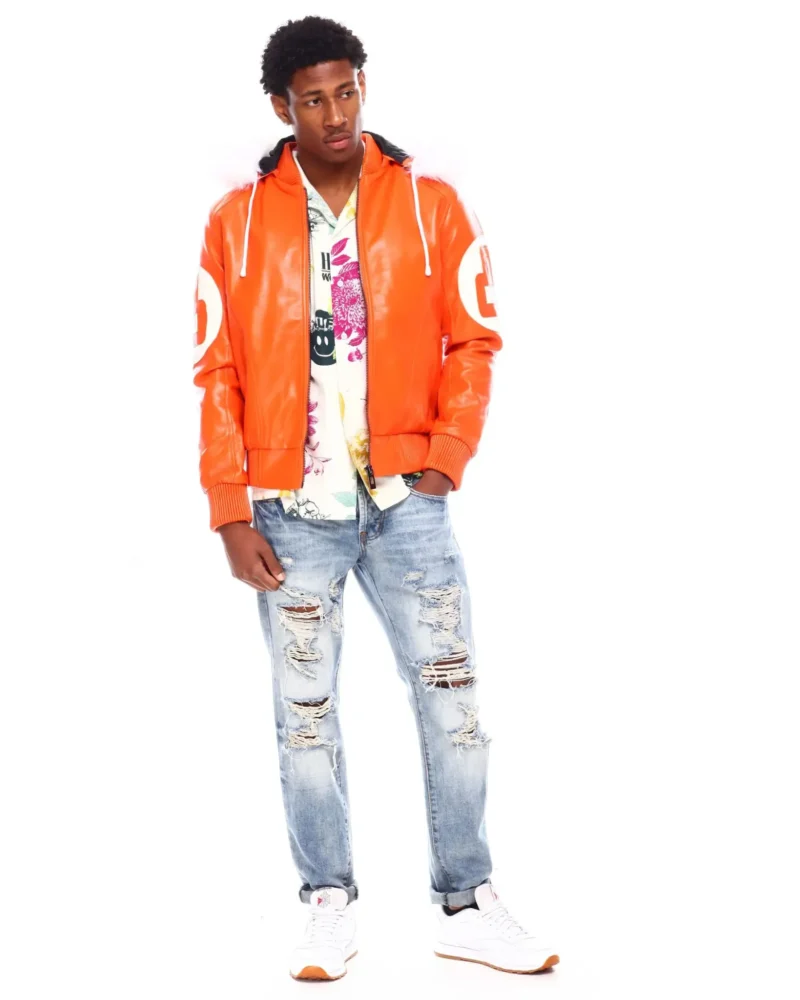 Mens Orange 8 Ball Hooded Leather Jacket