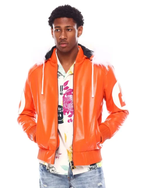 Mens Orange 8 Ball Hooded Leather Jacket