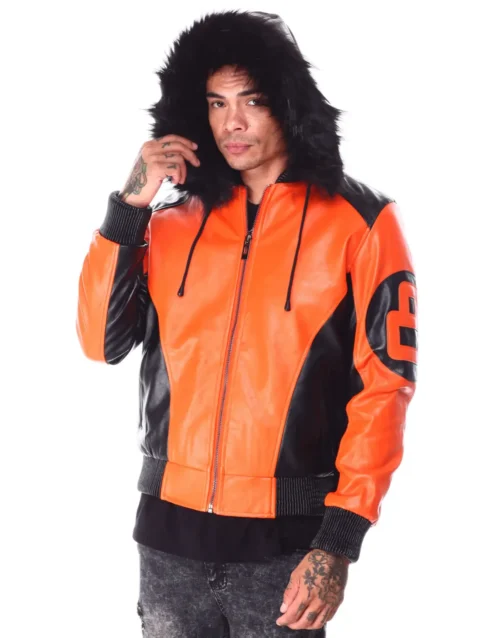 Mens Orange & Black 8 Ball Hooded Leather Bomber Jacket